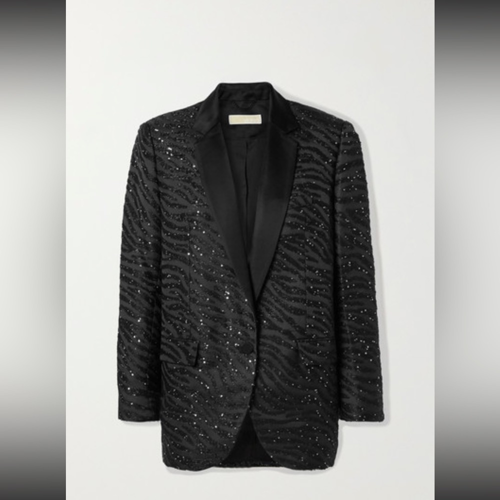 MICHAEL Michael Kors Black Sequined Zebra-Pattern Satin-Lapel Blazer